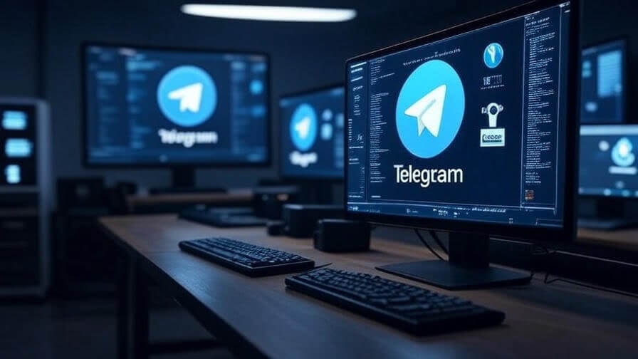 logo Telegram tampil di beberapa layar komputer